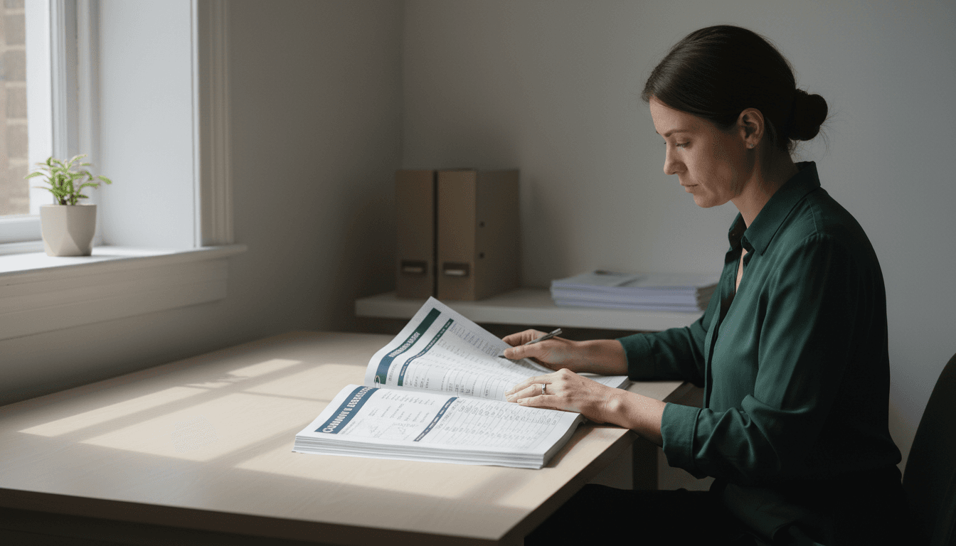 Data researcher reviewing a printed survey report at a desk with natural window light.