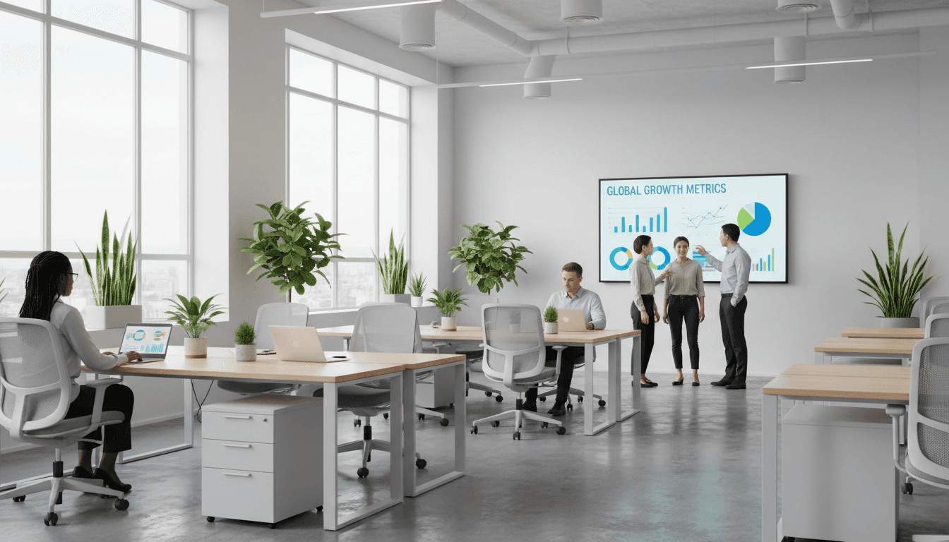 Research team reviewing survey data on a large monitor in a bright office.