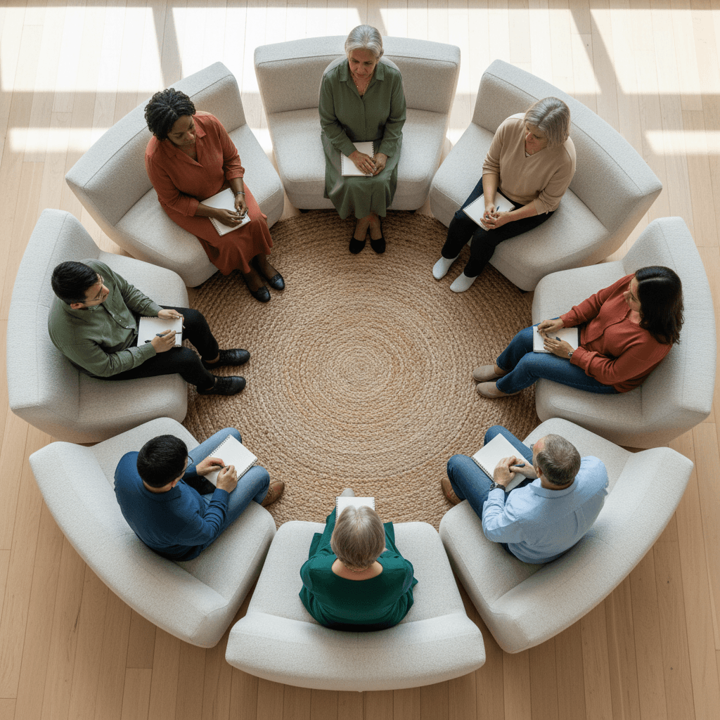 Diverse focus group participants seated around a table in a moderated research facility.