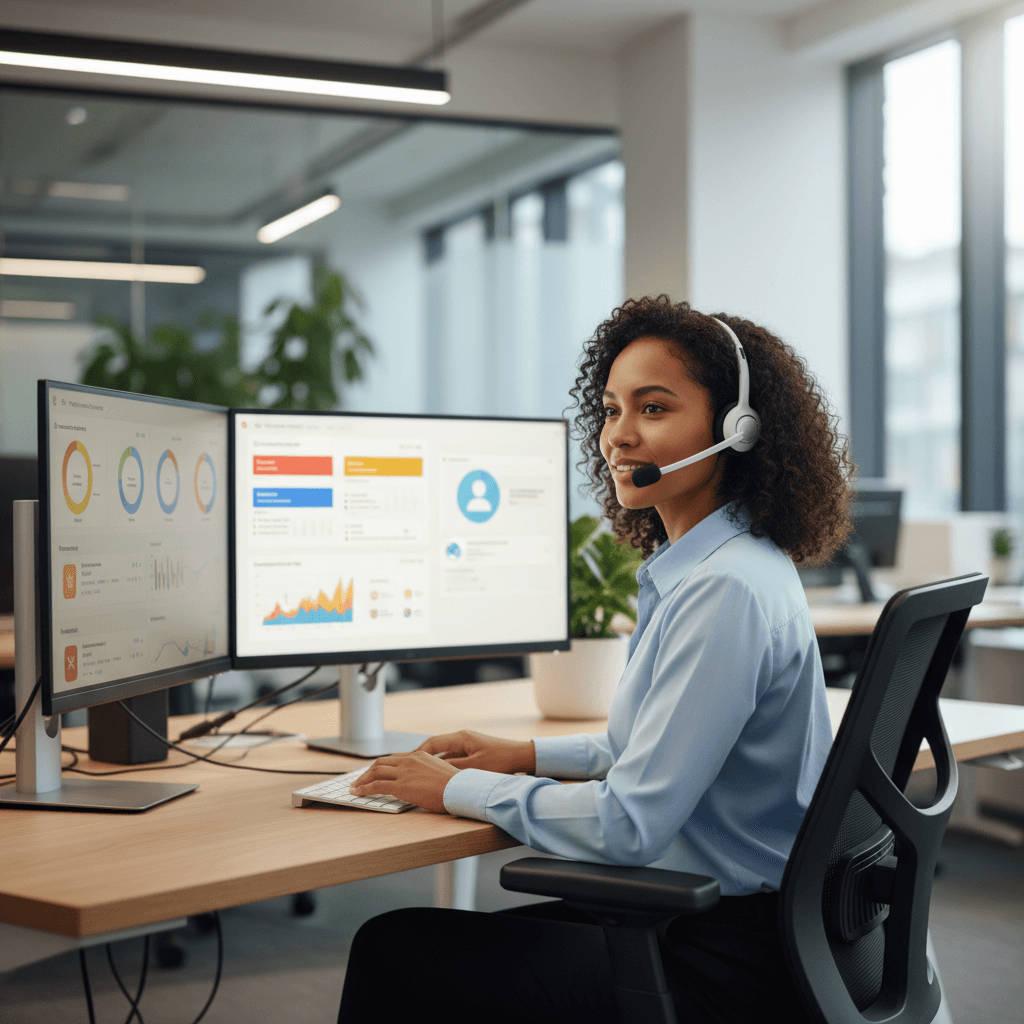 Telephone interview center with agents wearing headsets conducting computer-assisted interviews.