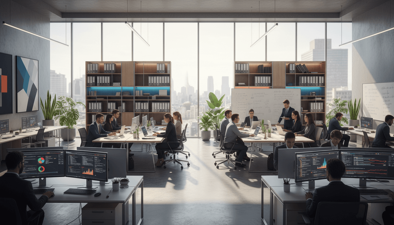 Inside a professional market research office with interviewers at workstations and a focus group room visible